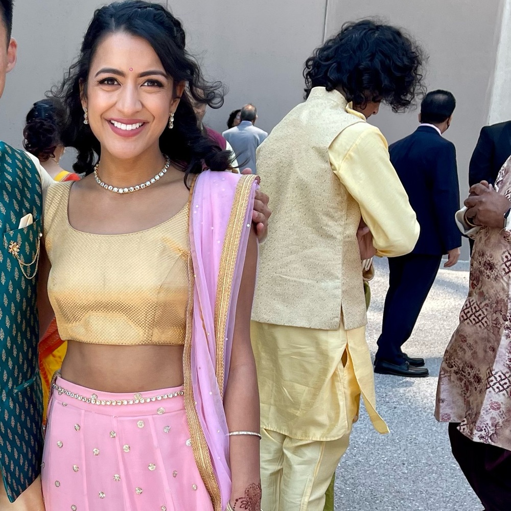 Baby pink and gold lengha